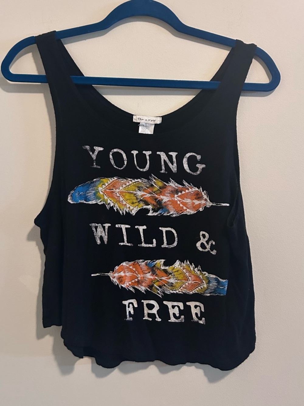 tea n rose Black Tank Top with Multicolor Feather Graphic